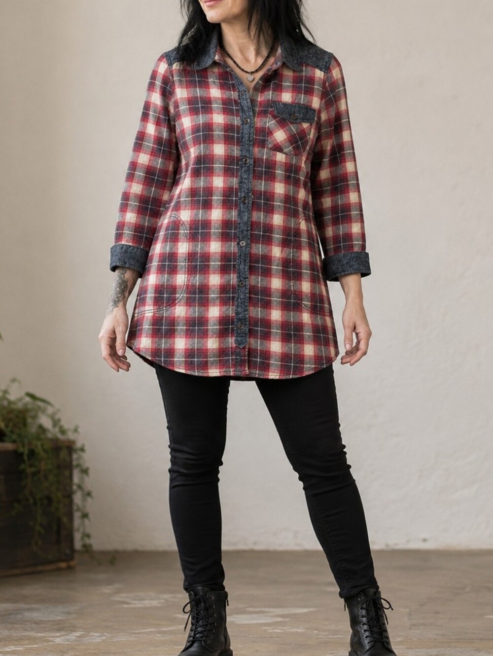 Plaid Tunic M Red Chambray Gray Trim Button Front Pockets Grunge Pin Up Alternat